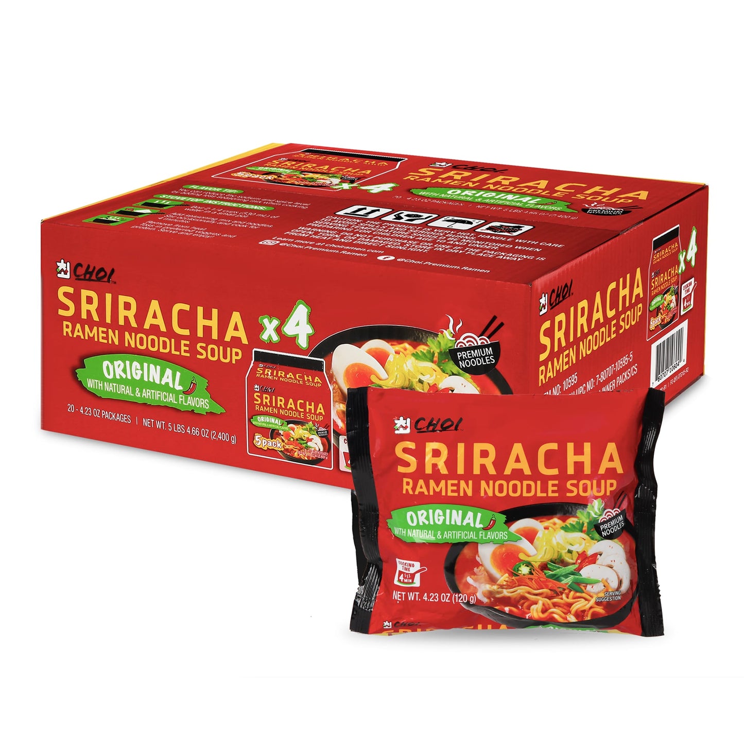 Choi Premium Sriracha Chicken Ramen Noodle Soup – Spicy Instant Ramen, Stovetop Pouch, 20 Count (4.23 oz / 120 g Each), 4-Pack Sets