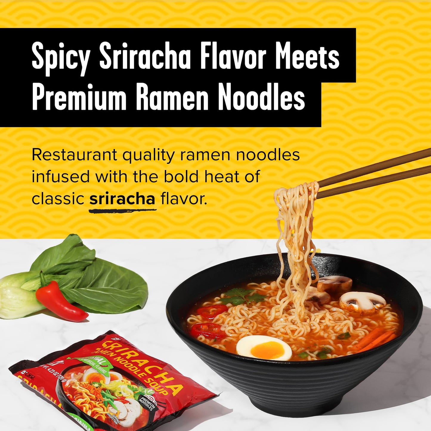 Choi Premium Sriracha Chicken Ramen Noodle Soup – Spicy Instant Ramen, Stovetop Pouch, 20 Count (4.23 oz / 120 g Each), 4-Pack Sets