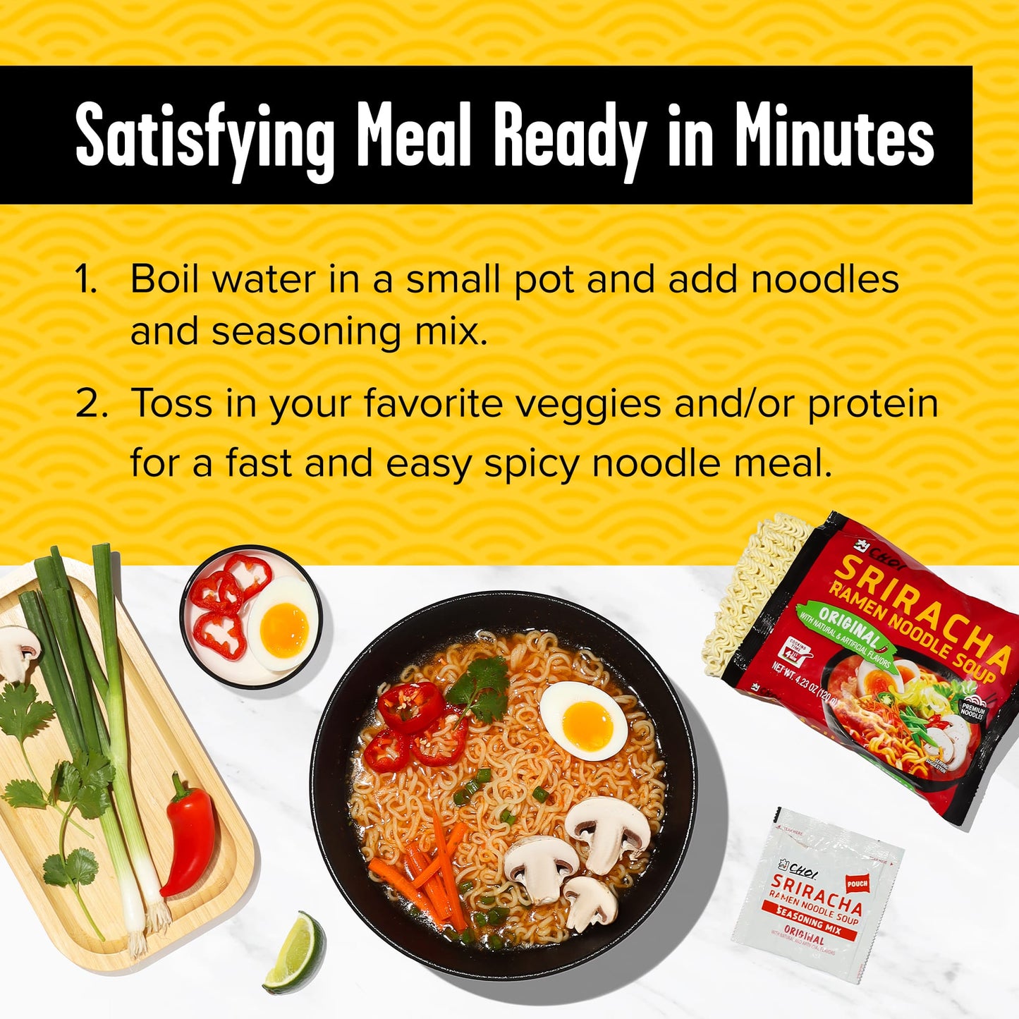 Choi Premium Sriracha Chicken Ramen Noodle Soup – Spicy Instant Ramen, Stovetop Pouch, 20 Count (4.23 oz / 120 g Each), 4-Pack Sets