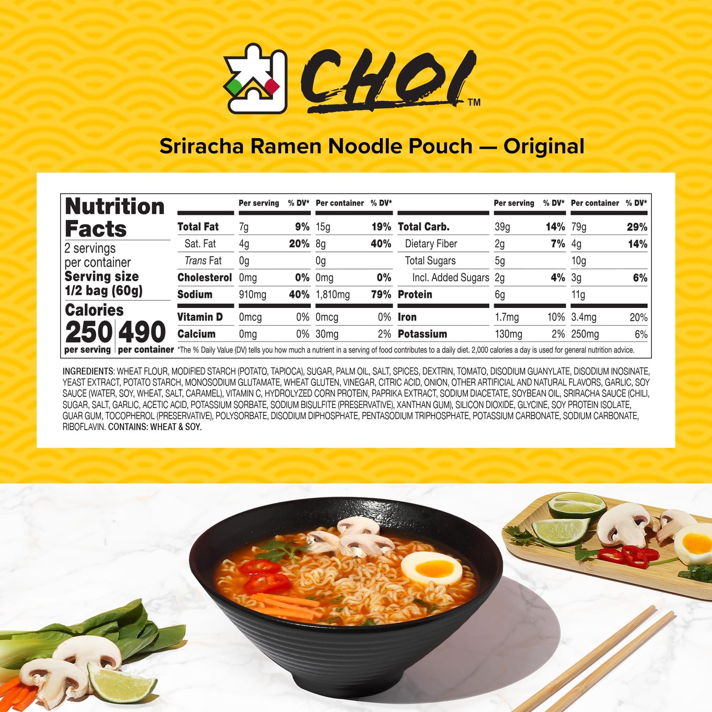 Choi Premium Sriracha Chicken Ramen Noodle Soup – Spicy Instant Ramen, Stovetop Pouch, 20 Count (4.23 oz / 120 g Each), 4-Pack Sets
